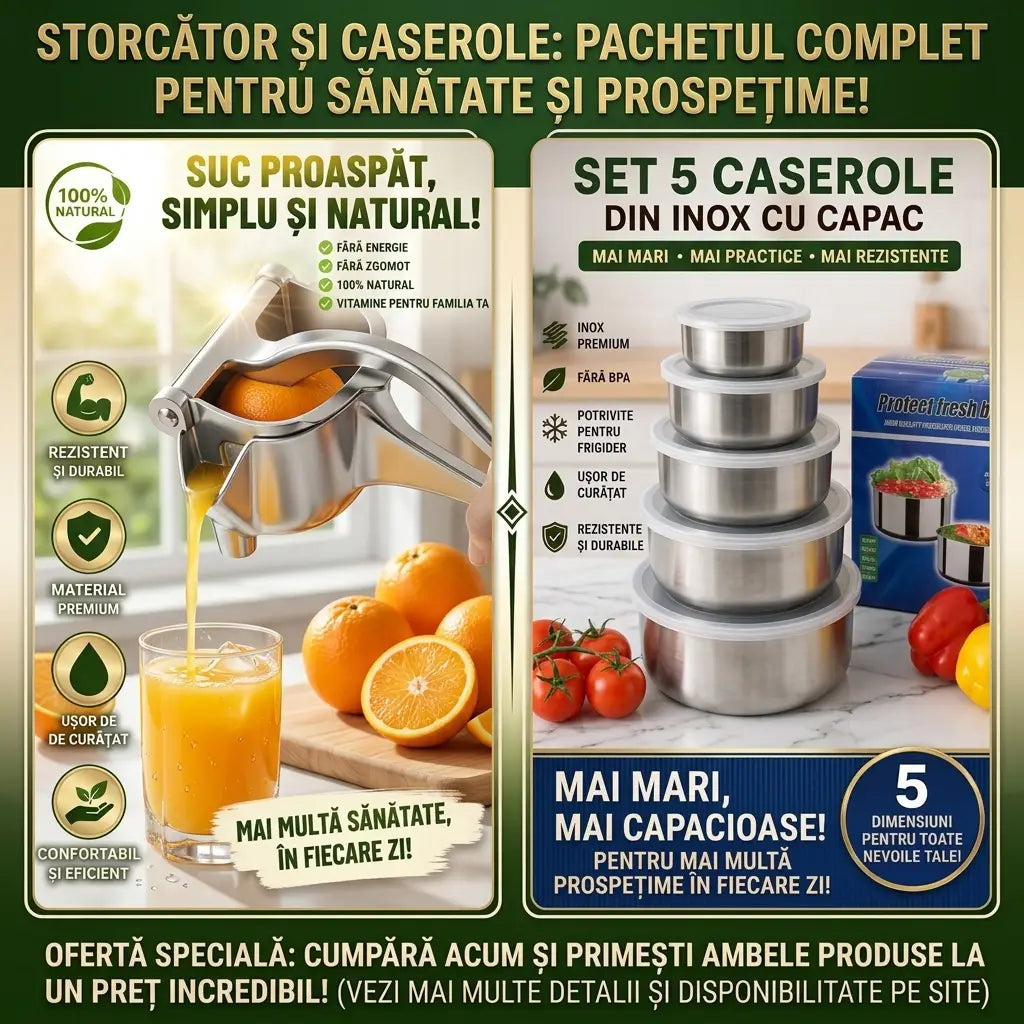 Storcător manual + Set 5 caserole din inox cu capac CADOU