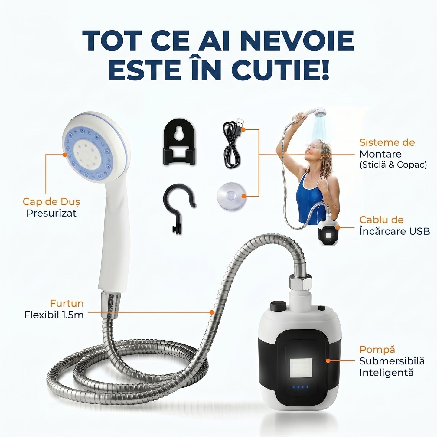 Duș Portabil Reîncărcabil cu Pompă - Ideal pentru Camping & Auto