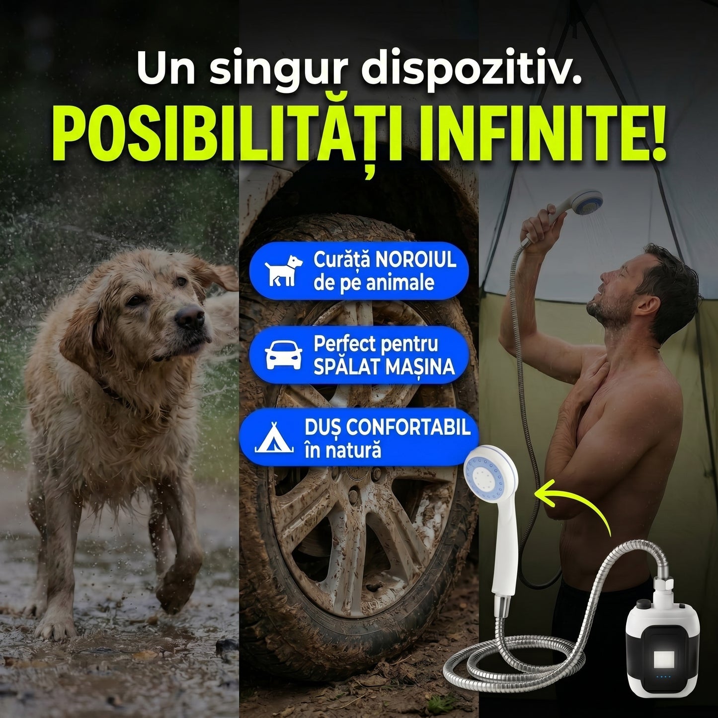 Duș Portabil Reîncărcabil cu Pompă - Ideal pentru Camping & Auto